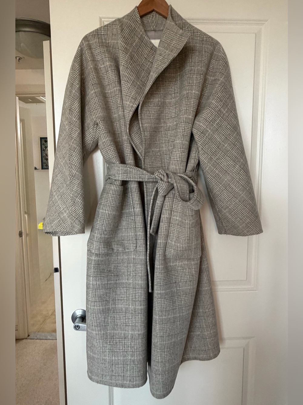 Plaid Belted Wool Wrap Coat - Light Gray